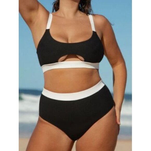 Berlook Women's Bikini Black White High Waisted Contrast Trim Plus 16 1X NWT - Picture 1 of 11